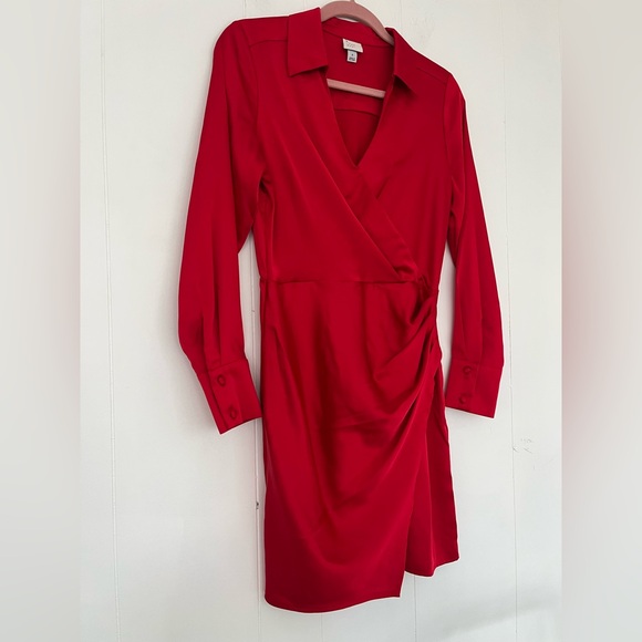 a new day Dresses & Skirts - A New Day Women's Long Sleeve Red Satin Shirt Mini Dress Size Small